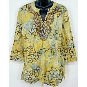 Charter Club Women Top Size 10 Yellow Floral Embroidered Button 3/4 Slit Henley